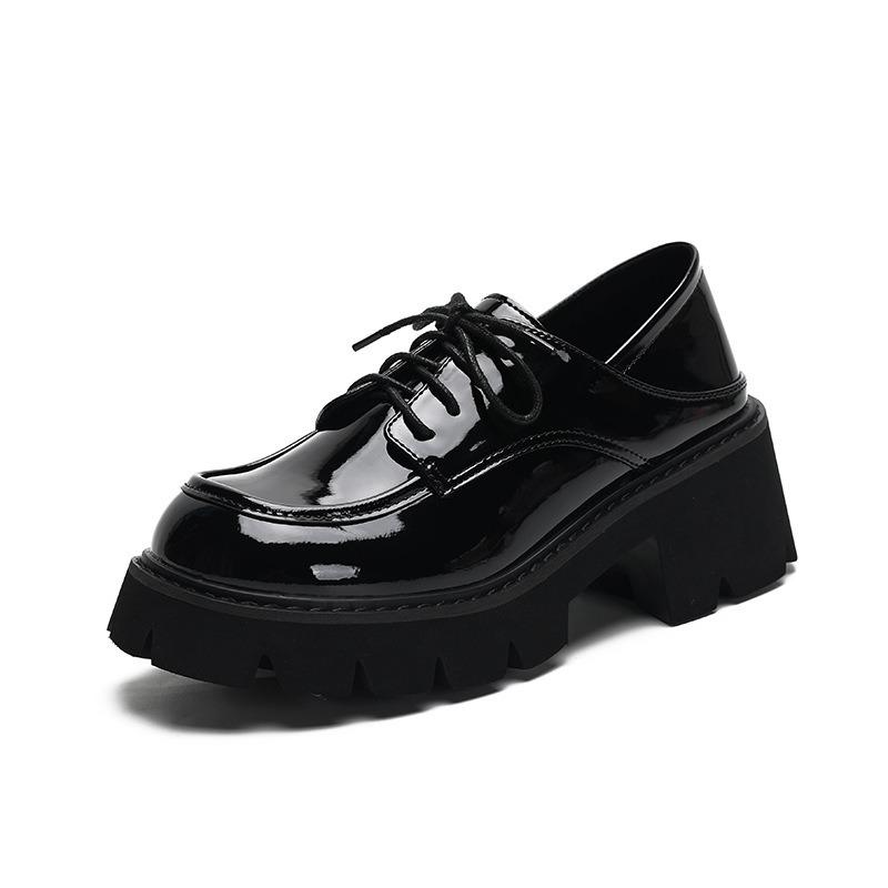 3-3 Thick-soled Muffin Small Leather Shoes for Women, Patent Leather Retro Lace-up Round Head Thick Heel Single Shoes for Women
