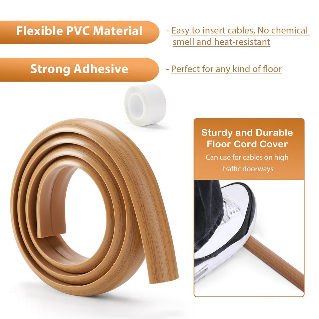 ZhiYo Floor Cord Cover, Beige Wood Grain, 3m Long, 3cm Wide, Floor-Mounted Cable Management Sleeve with Tape, Prevents Wires from Tripping, and