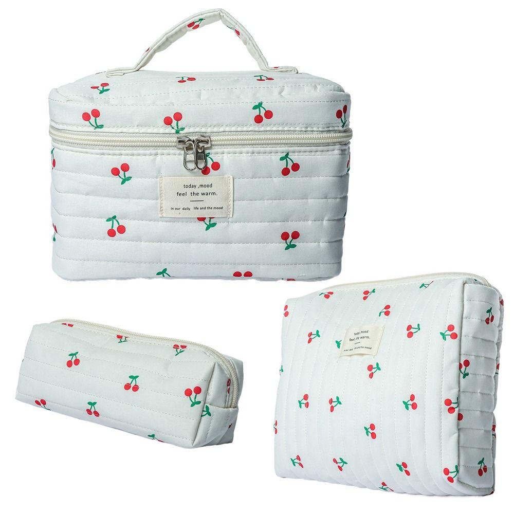 Sac à Maquillage Imprimé Cerises Mode Coton Matelassé Mignon Sac à Articles de Toilette Grande Capacité Multifonctionnel Sac à Cosmétiques pour Femmes Filles