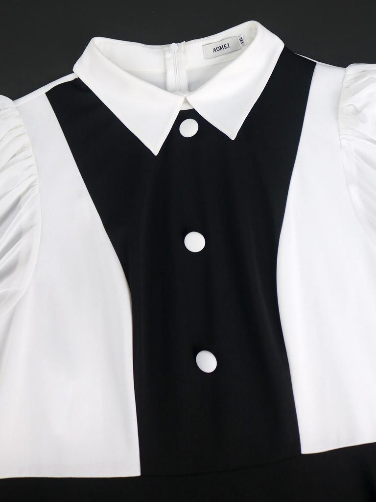 AOMEI Elegant Dresses Plus Size Lantern Sleeve High Waist Causal A Line Patchwork Turn-Down Collar Dress for Women