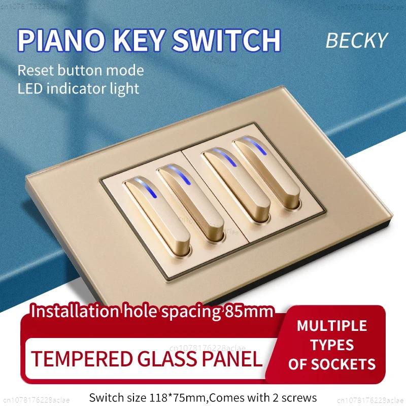 118 Type Gold Piano Key Tempered Glass Reset Switch Fashionable Switch Socket Universal Socket Home Hotel Office Decoration