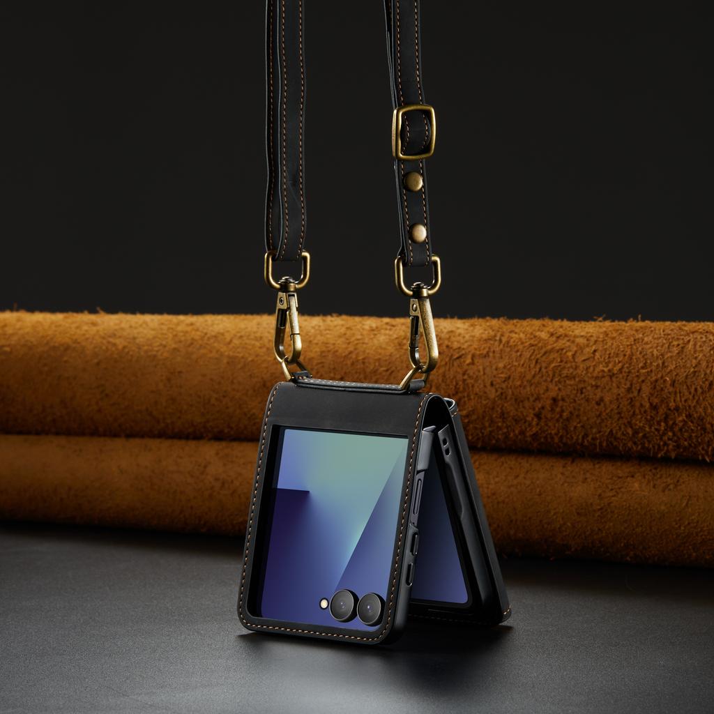 Crossbody Auto Leather Phone Case for Samsung Galaxy Z Flip 7 Flip6 5 4 3 Long Strap Metal Button Card Slot Wallet Stand Cover