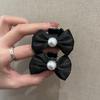 Black Satin Pearl Double-Sided Mini Bow Claw Hair Clip - Small Size for Bangs and Flyaways.