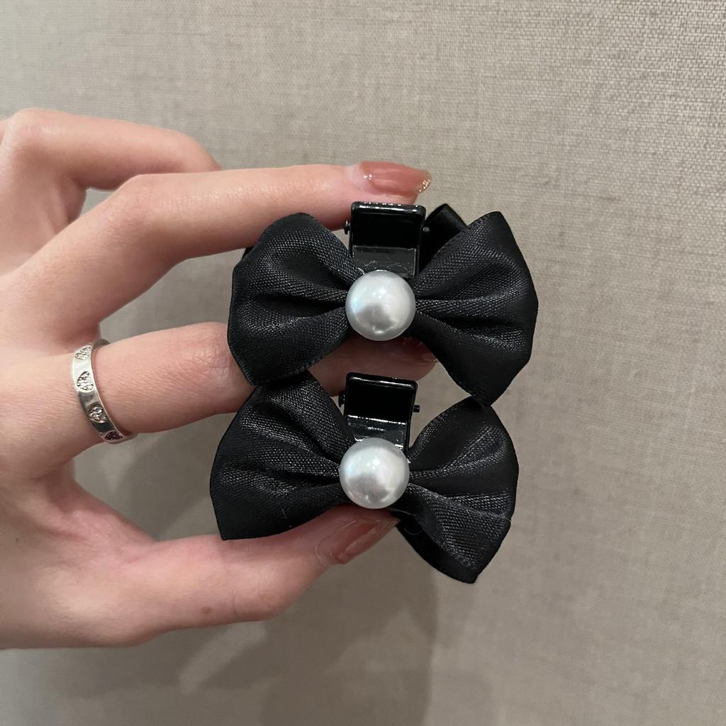 Black Satin Pearl Double-Sided Mini Bow Claw Hair Clip - Small Size for Bangs and Flyaways.