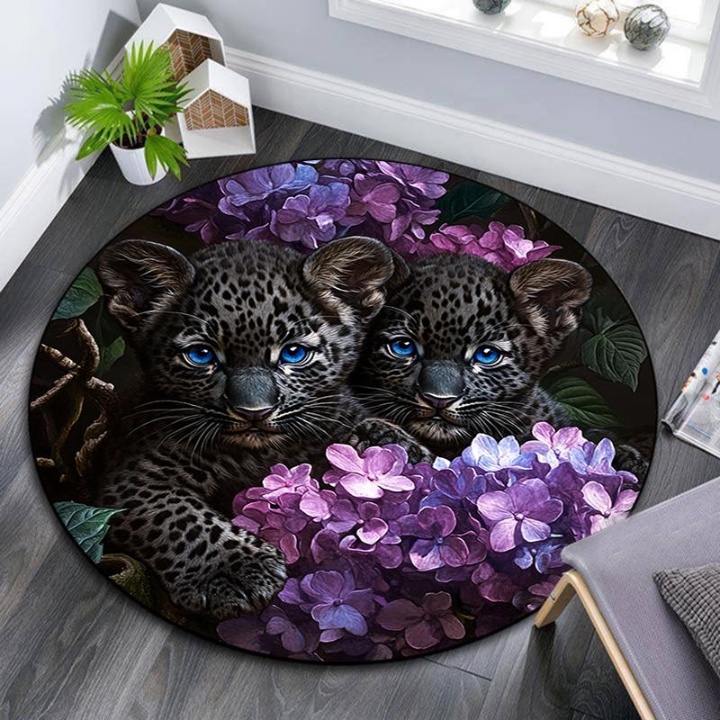 Runder Teppich mit Leopardenbabys, Teppich für Wohnzimmer, Schlafzimmer, Sofa, Spielzimmer Dekoration, rutschfeste Fußmatte