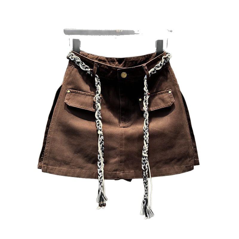 Autumn 2025 High-Waist Coffee Denim A-Line Skirt with Double Slits for Women