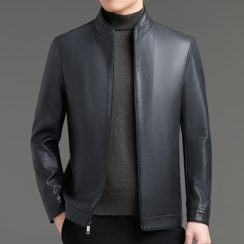Leather Jacket Spring and Autumn Stand Collar Leather Jacket Men's Casual Middle-aged Dad Wear Sheepskin Leather Jacket Coat