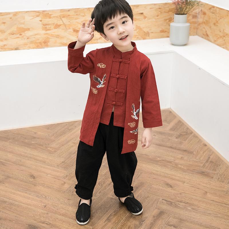 

Весна и осень 2020 года Костюм Тан для мальчиков – Длинный халат в китайском стиле Детский ханфу, Модный комплект из двух предметов 120cm красный