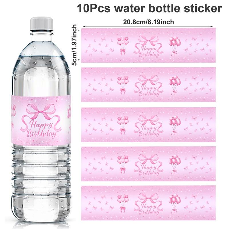 

10pcs Pink Bow Happy Birthday Water Bottle Labels Stickers For Kids Girl Wedding Birthday Party Supplies Favor Baby Shower Decor as picture