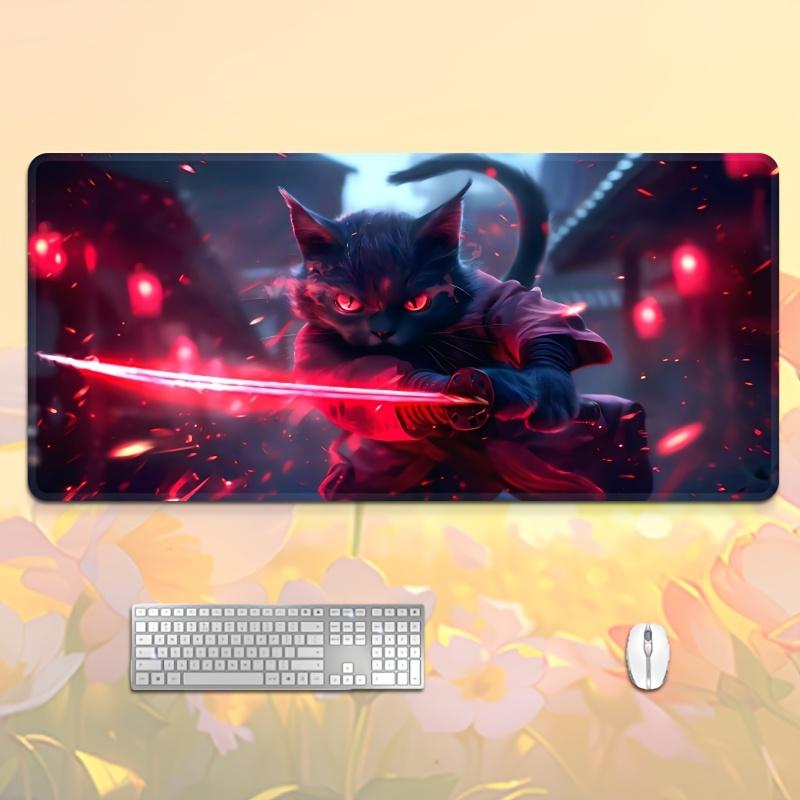 Samurai Cat Glowing Sword HD Mouse Pad Extra Large Rectangular Desk Mat NonSlip Durable Rubber Base