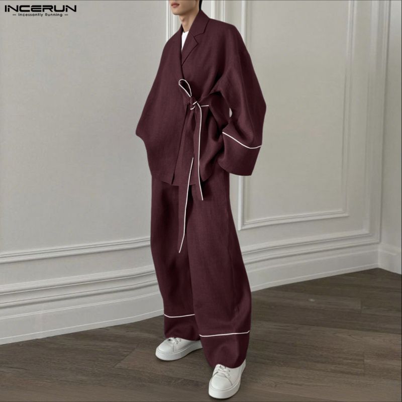 INCERUN Two Pieces Outfits Men Long Sleeve Kimono Shirt and Long Straight Pants Sets
