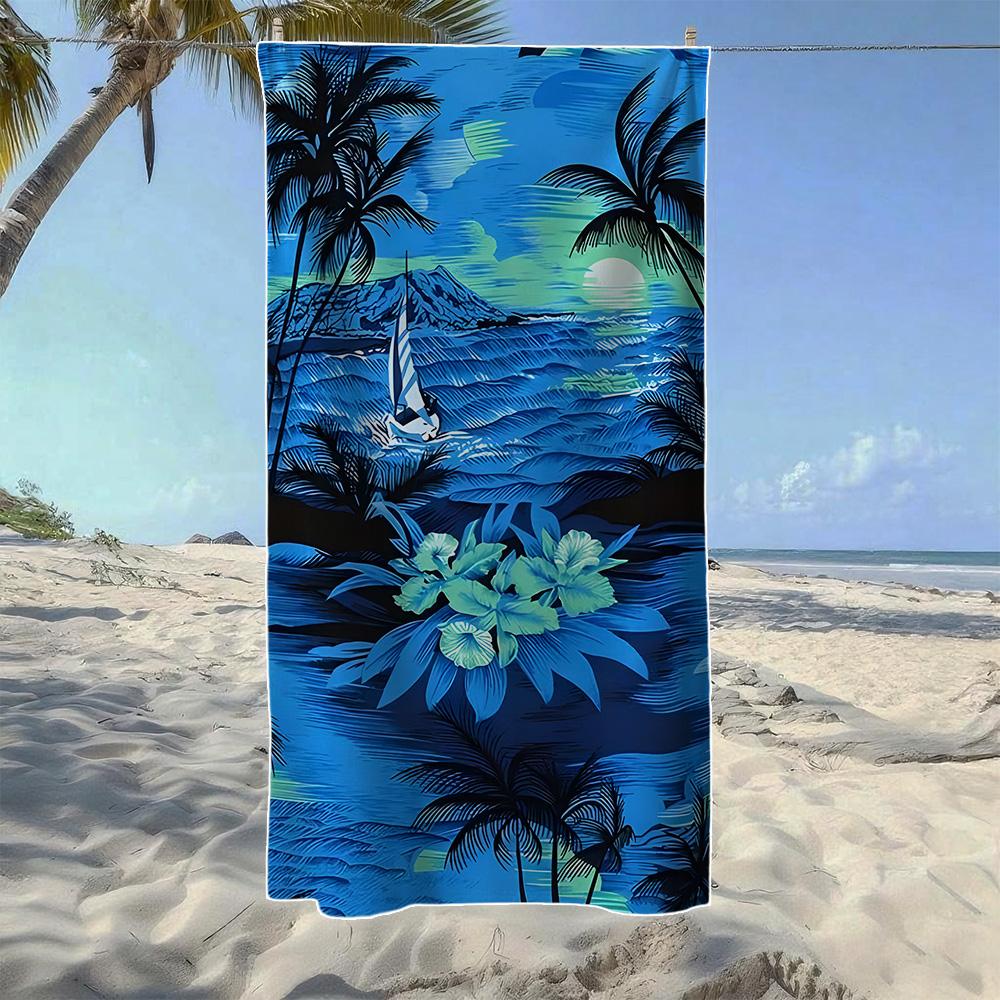 Tropical Palm Tree & Beach Scene Beach Towel, Soft Durable Quick-Drying, Ideal For Summer Beach, Swimming & Camping