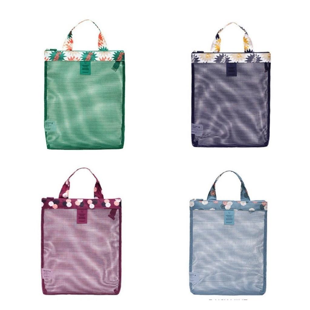 Zomerse strandtas met mesh opbergruimte, reistas van Oxford-stof, multifunctioneel, modern, minimalistisch, blauw met bloemenprint