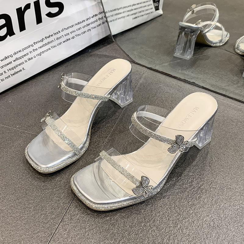 

Transparent rhinestone one-word, crystal thick-heeled cool slippers, female summer wear 2025 new fairy style high-heeled slippers 40 серебряный