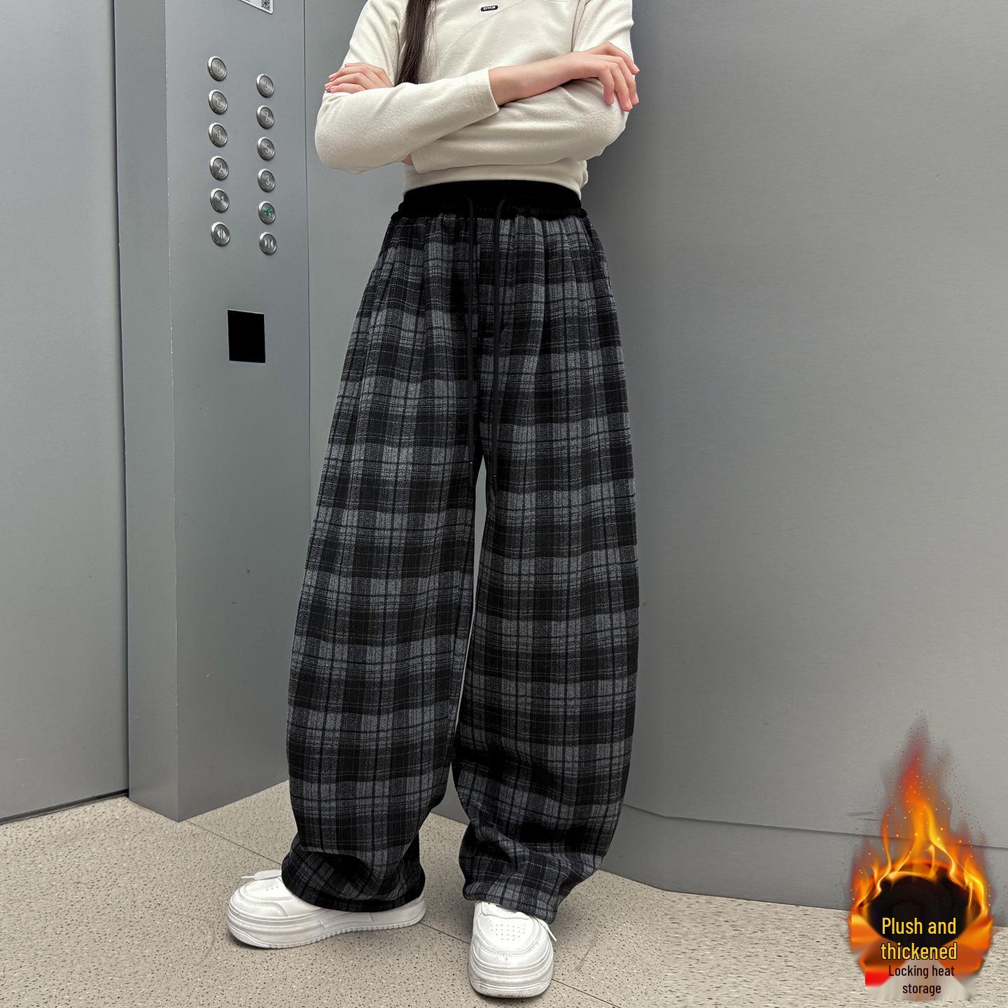 

2025 Модні картаті штани на флісовій підкладці для дівчат-підлітків - Товсті, теплі, зимові, прямого крою 170 cm чорний