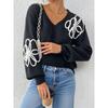 Women S V Neck Pullover Sweater With Flower Embroidery Casual Style