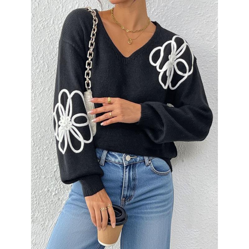 Women S V Neck Pullover Sweater With Flower Embroidery Casual Style