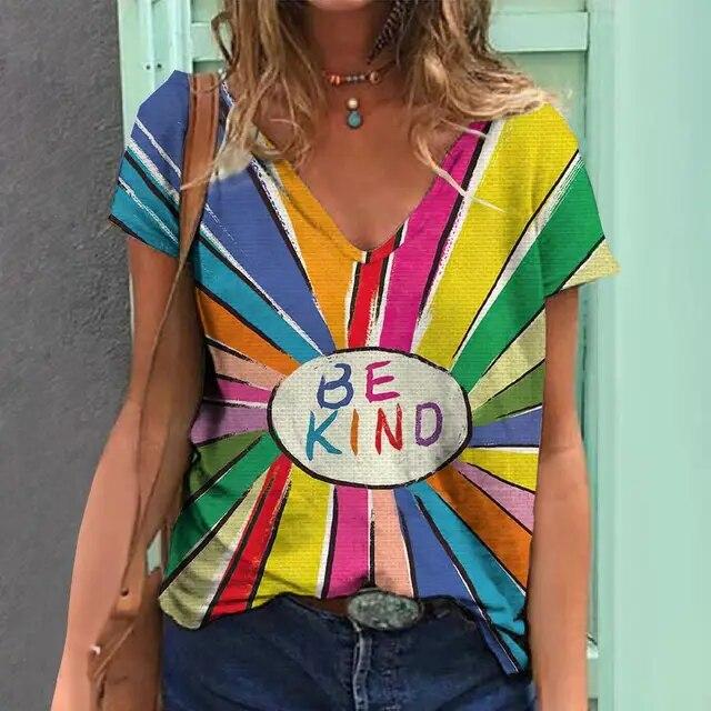 Women'S T-Shirt 3d Rainbow Color Print Tops Tees Fashion Casual V-Neck Pride Month Clothing Summer Lady Oversized Pullovers