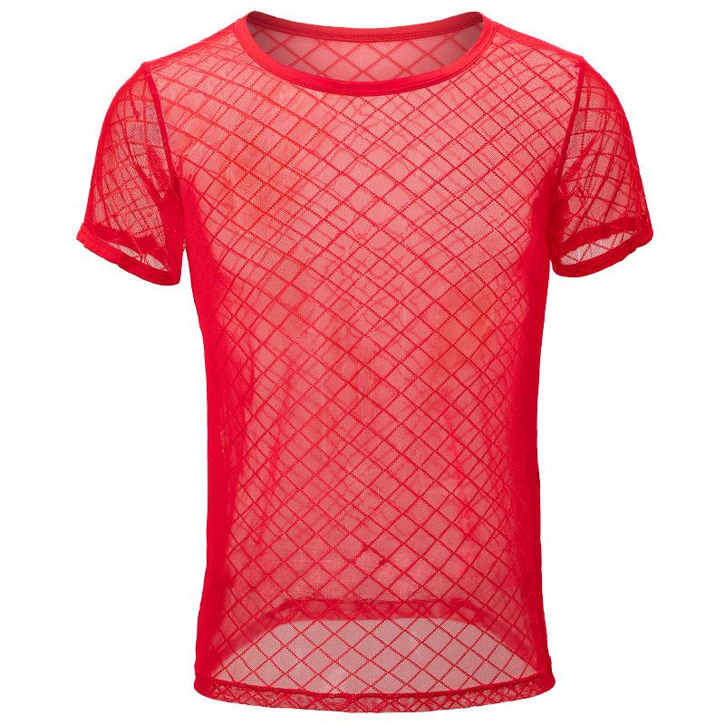 Men's Short Sleeve See-Through Mesh Slim Fit Diamond Net Top B-01