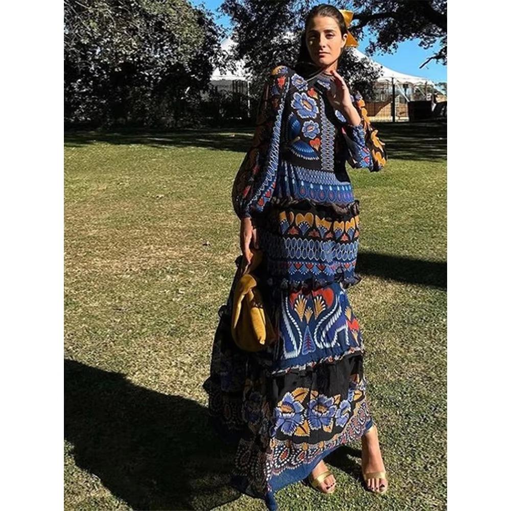 Vintage Print O-Neck Patchwork Maxi Dress Women Fashion Lantern Sleeves Loose Long Dresses Lady Casual Vacation Streetwear