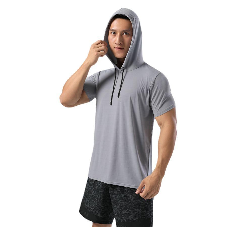 Men's Summer Quick-Dry Hooded T-Shirt - Ice Silk, Short-Sleeve, Elastic, Perfect for Fitness, Running, and Training.