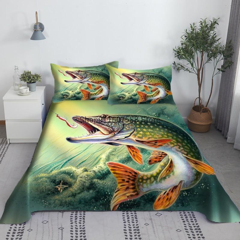 

Vivid Fish Bed Sheet Set 3D Printed Polyester Green Bed Flat Sheet With Pillowcase Bed Linen For Children Adult King Queen Size 110X230cm(2Pcs)