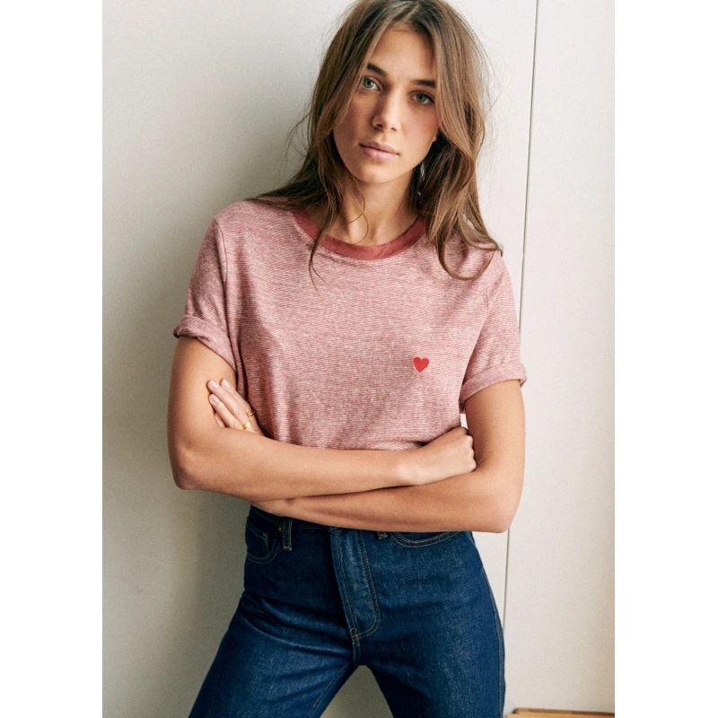 

[Discount Season] French Minority Heart Embroider Stripes Linen Pink Short Sleeve T-shirt Pink M