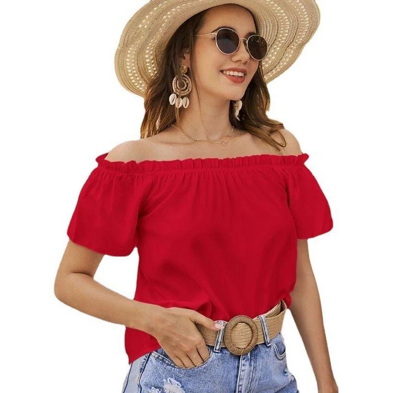 

Solid Color One Neck Short Sleeve Top Pure Color off-Neck Short Sleeve Tops Red XXL