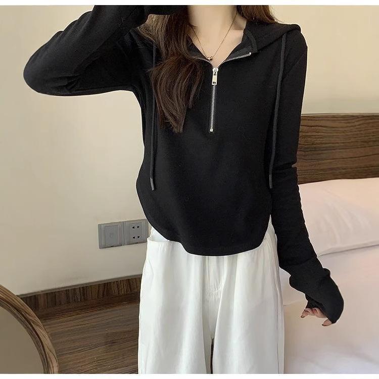 Women's Spring Autumn Hooded Half-Zip Long Sleeve Ribbed Slim Fit Top