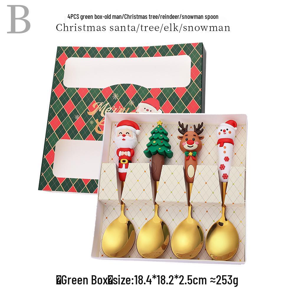 Reindeer Cartoon Christmas Spoon & Fork Set - Cute Stainless Steel Gift in Color Box