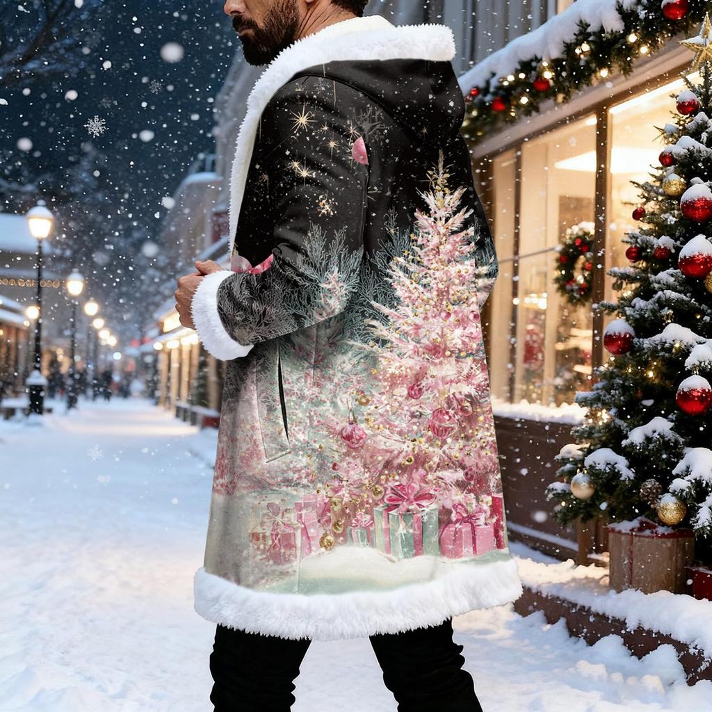 Men's Christmas Long Hooded Cardigan With Pockets Warm Jacket