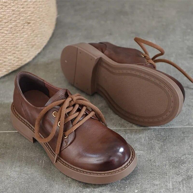 Johnature Low Heel Pumps Genuine Leather Lace-up Versatile Retro British Style Round Toe Women's Shoes