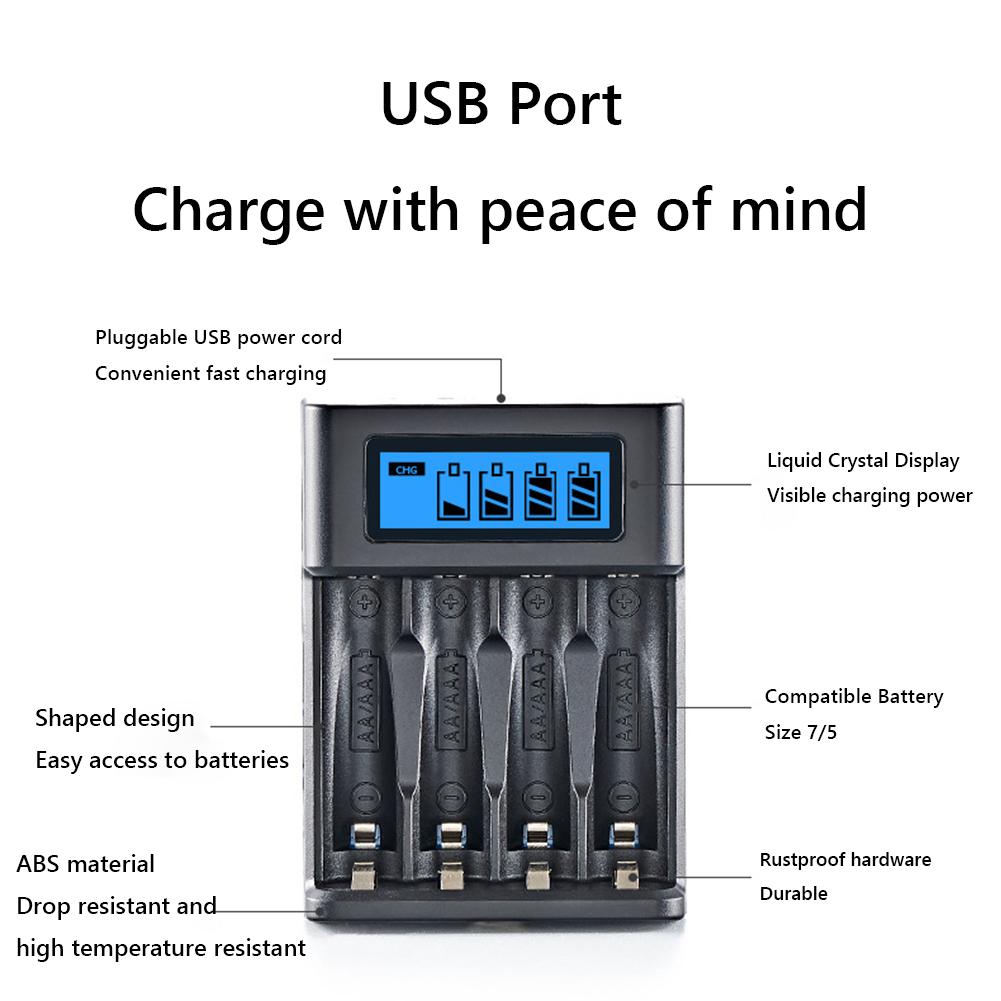 4 Slots LCD Display Smart LCD Charger Independent Slot Fast Charger USB Input for NI-MH /NI-CD AA AAA 1.2V Rechargeable Battery