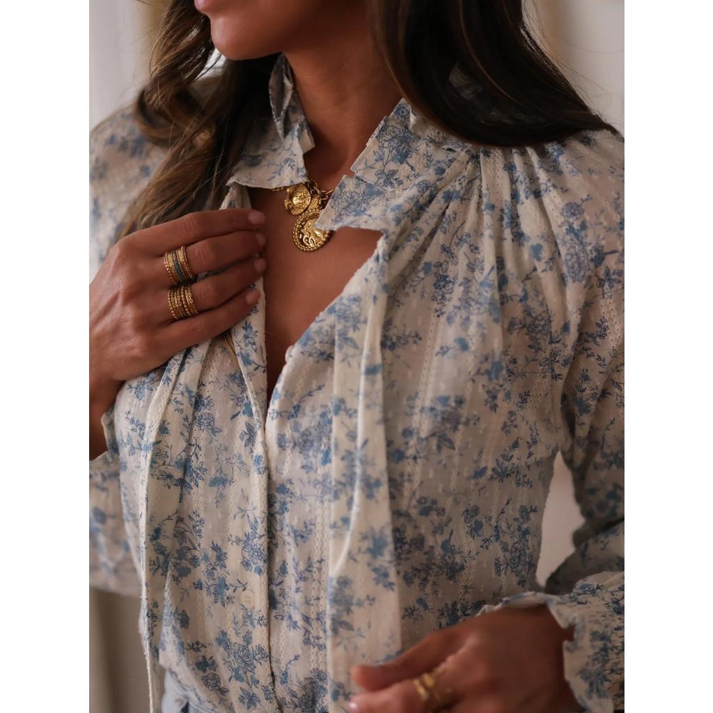 Women's  Spring Summer New Floral Print V Neck Tie Long Sleeve Blouse Vacation Style Casual Shirt For Women European American Crossborder