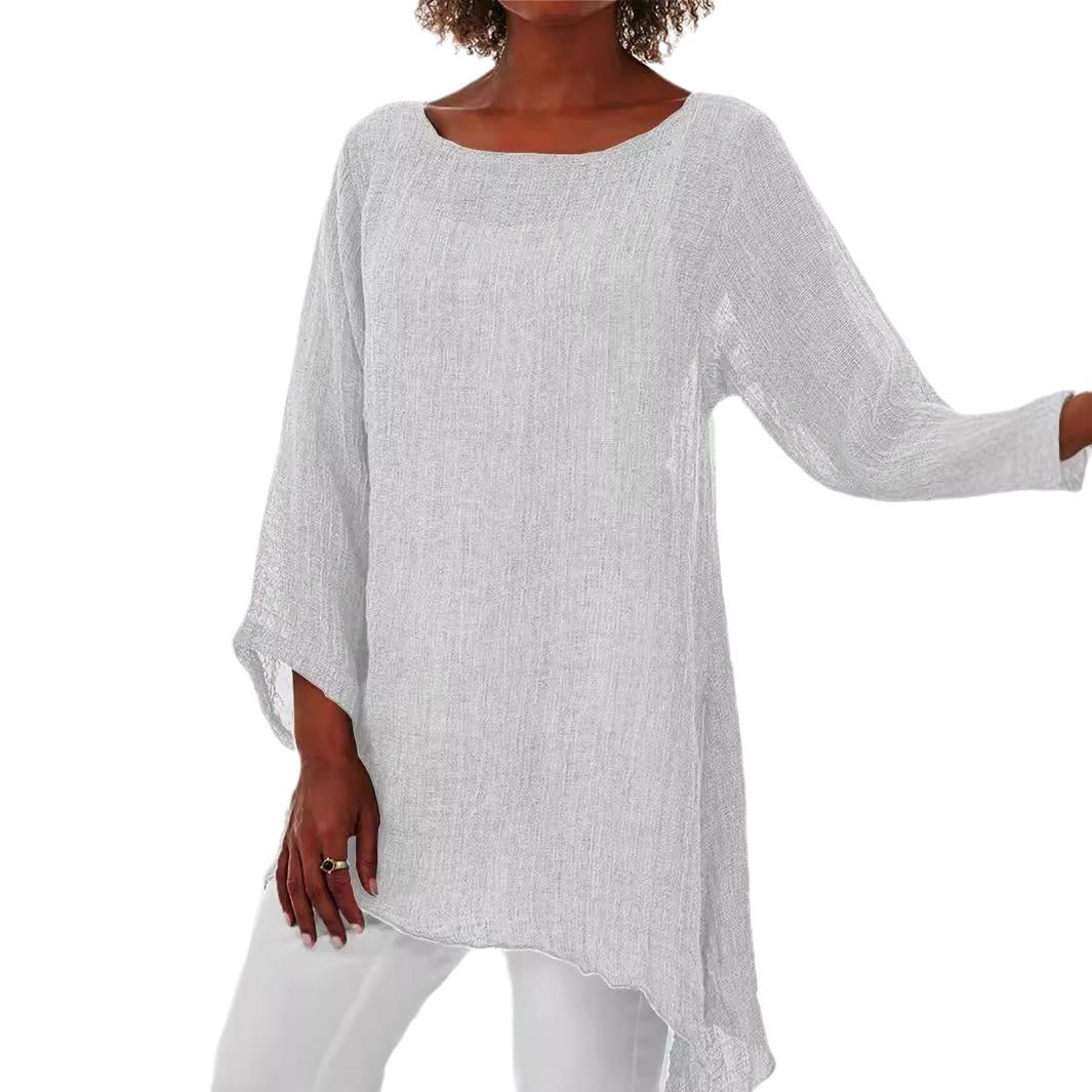 

Pure Cotton Linen Solid-colored Casual Top Irregular Long-sleeved Women’s T-shirts 5XL белый