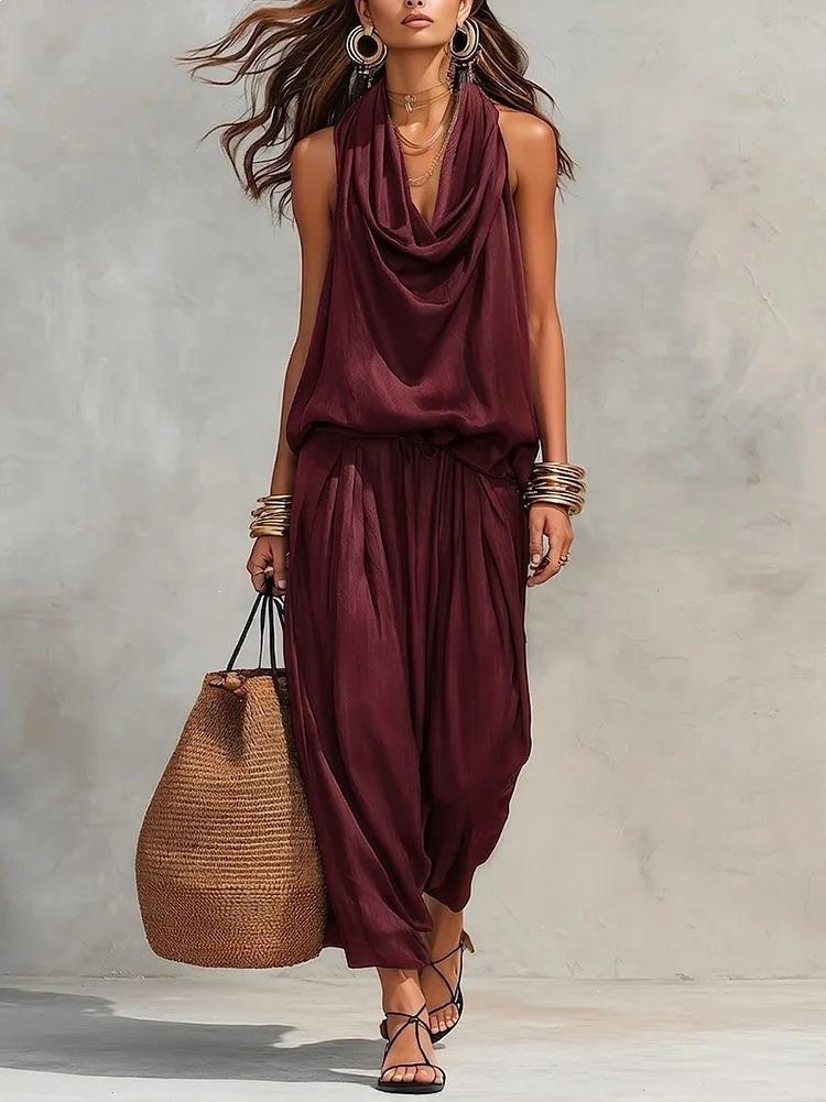 DM116 2026 new European and American swinging collar neck wide leg jumpsuit Amazon independent station cross-border explosion S бордовый