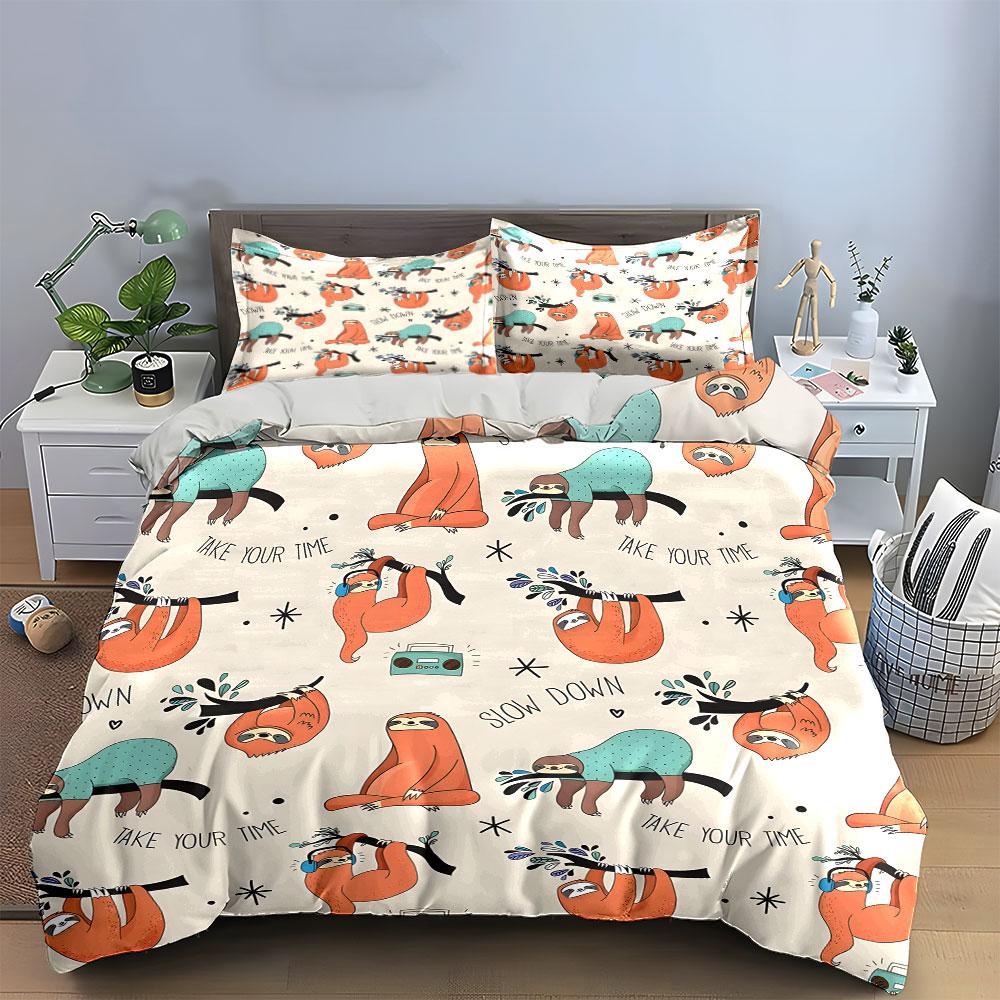 Sloth Pattern "Take Your Time" Bedding Duvet Cover Set  (1*Duvet Cover 2*Pillowcases, without duvet insert)