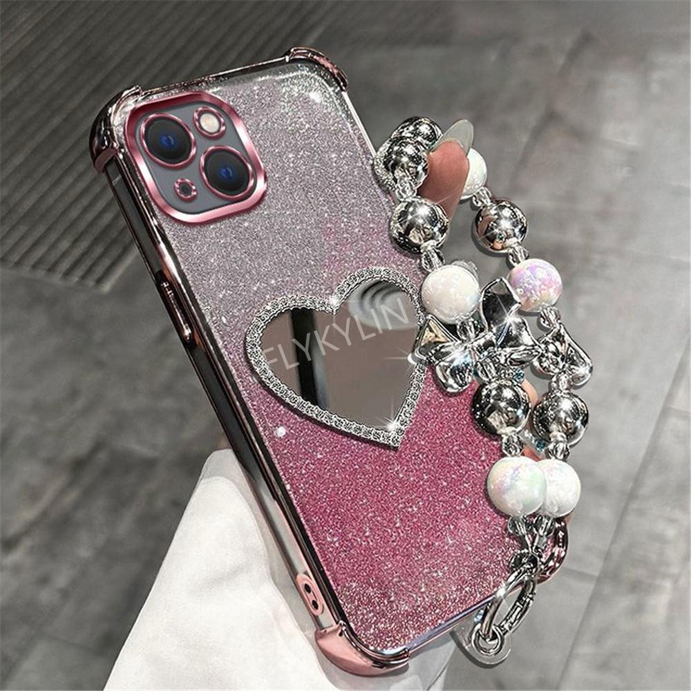 Bead Bracelet Shockproof Phone Case For Samsung S25 S24 S23 S22 S21 S20 FE Note 20 Ultra Plus Glitter Heart Mirror Silicon Cover