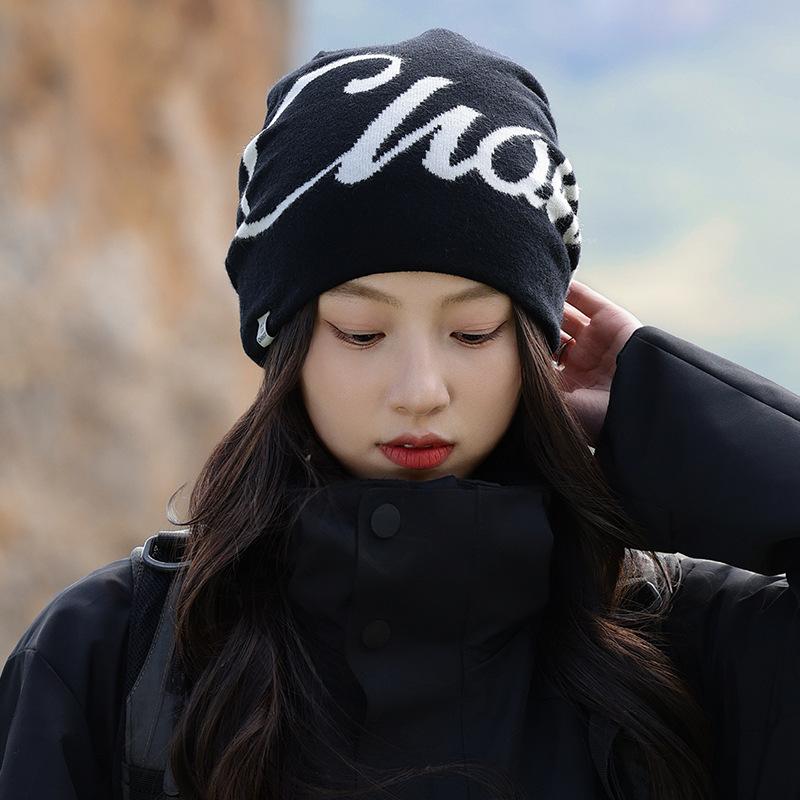 New Letter Embroidered Knitted Hat for Women Autumn and Winter Warm Ear Protection Hood Outdoor Hiking and Camping Hood