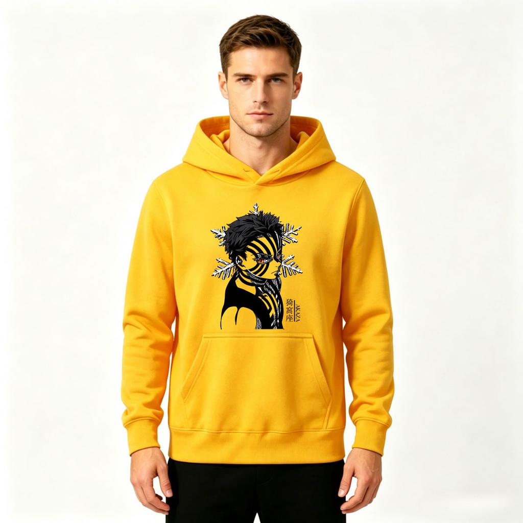 Men Anime Akaza Printed Pullover Hoodie Casual Long Sleeve Streetwear Sweatshirt