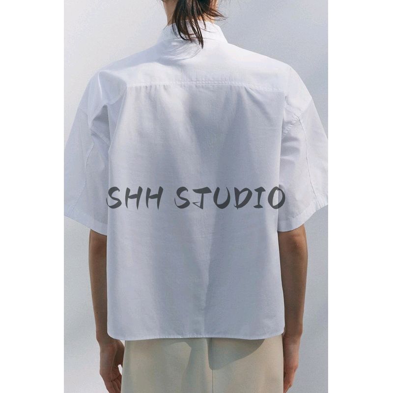 Spring New Women's Clothing Plaid Loose Lapels Poplin Cotton Short Sleeve Short Shirt Tops 4786067