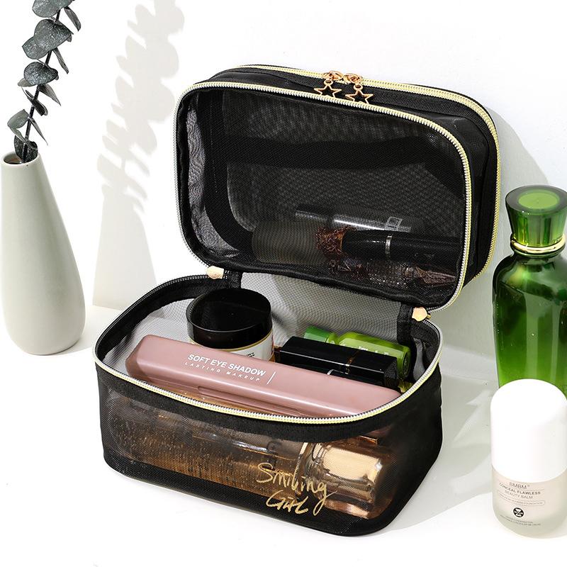 1Pc Double Layer Black Mesh Makeup Case Organizer Storage Pouch Casual Zipper Toiletry Wash Bags Women Travel Cosmetic Bag