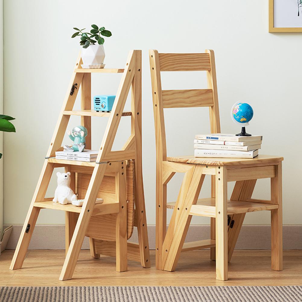 4-stufiger Klappstuhl aus Massivholz, multifunktional umwandelbar, Holzleiter, klappbarer Tritthocker für Innenbereich, Wohnzimmer, Schlafzimmer