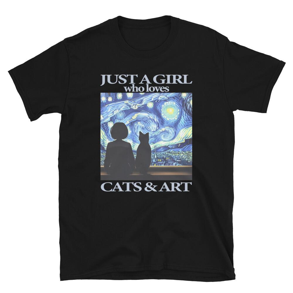 Van Gogh Inspired Girl and Cat Admiring Starry Nigh T-Shirt Unisex T-Shirt L
