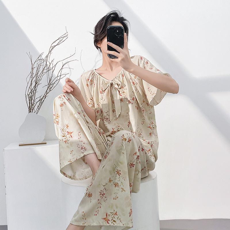 1011 new pajamas women's summer cotton and silk thin short-sleeved trousers set can be worn outside spring and autumn large-size loungewear