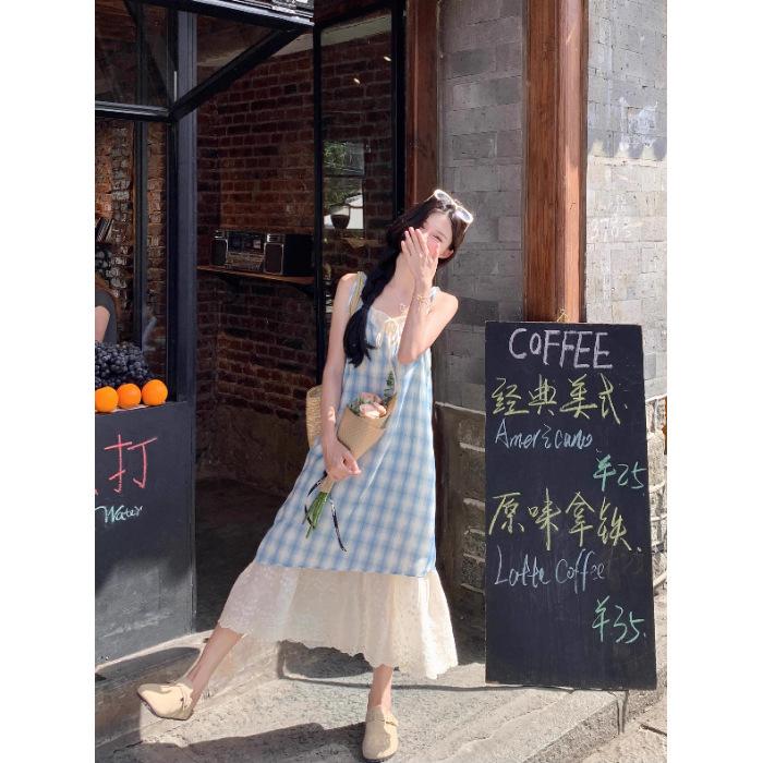

Red fake two-piece plaid lace suspender dress women s summer seaside vacation dress 2XL