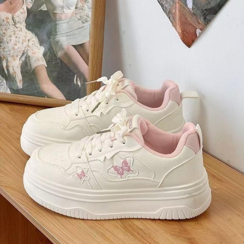 Pink bow thick baseplate shoes women's autumn new round head white shoes student casual shoes