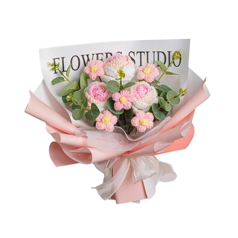Häkelblumen-Sträuße mit Lichterkette und Geschenktüte Handgefertigte Gestrickte Sträuße Künstliche Rose für Muttertag Hochzeit