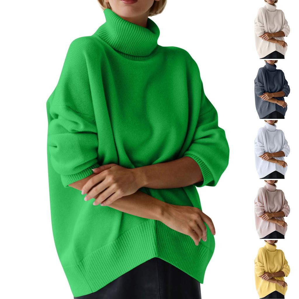 Women's Turtleneck Sweater Color Loose Long Sleeved Jumper Knitted Sweater Soft Pullover