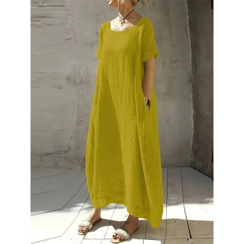 Fashion Women Dress Ladies Skirt Ice Silk Wrinkle Loose Plus Size Round Neck Short Sleeve Dress